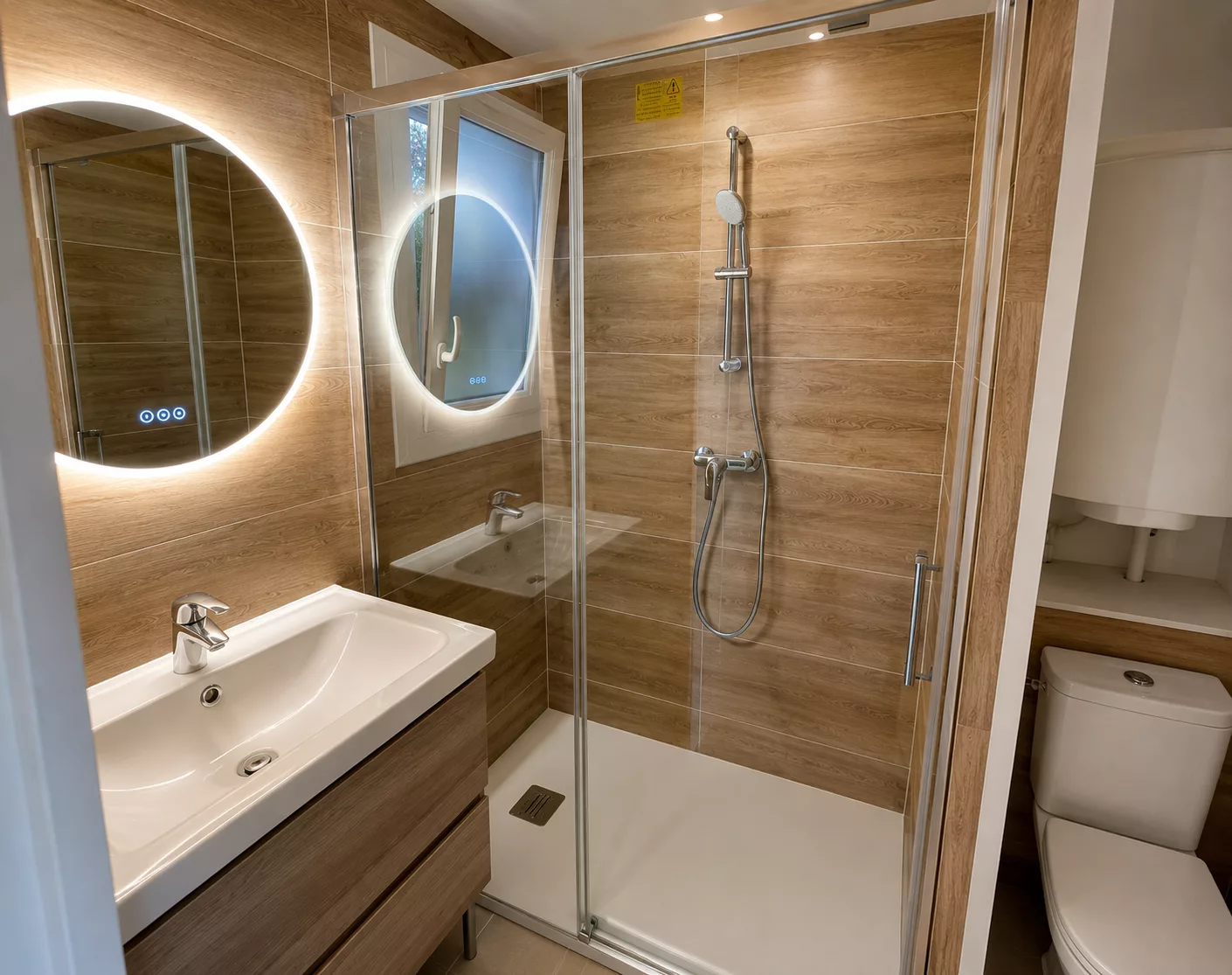 Vue d'ensemble de la salle de bain rénovée à Bandol, avec douche à l'italienne et vasques suspendues effet bois.