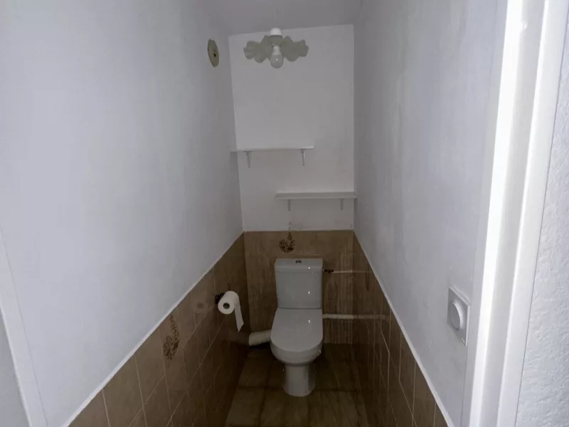 WC indépendants avant rénovation : ancien carrelage marron et faïence datée à déposer.